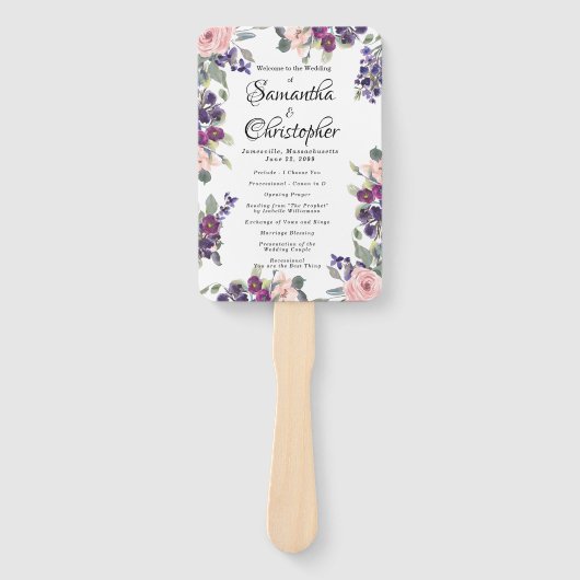 PInk en Paarse Bloemen Trouwprogramma Hand Fan Handwaaier (Voorkant)