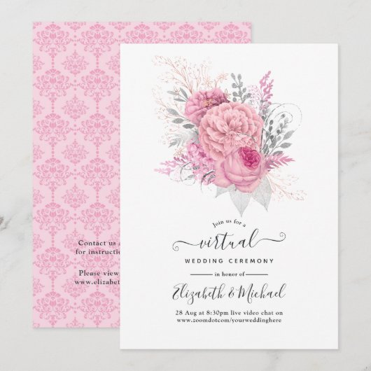 Pink en Silver Floral en Lace Virtual Wedding Kaart (Voorkant / Achterkant)