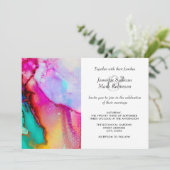 Pink en Turquoise Abstracte Waterverf Wedding Kaart (Staand voorkant)