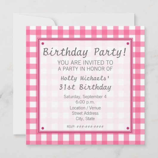 Pink En vichy Anniversaire Fête Invitation (Devant)