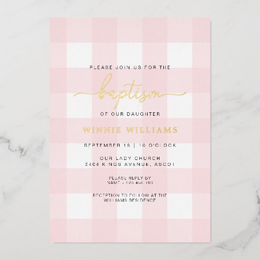 Pink En vichy Baptême Gold Foil Invitation (Recto)