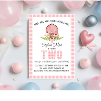 Pink En vichy Barnyard Invitation de deuxième anni