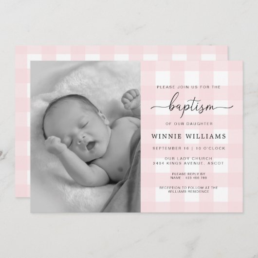 Pink En vichy Photo Baptism Invitation (Devant / Derrière)