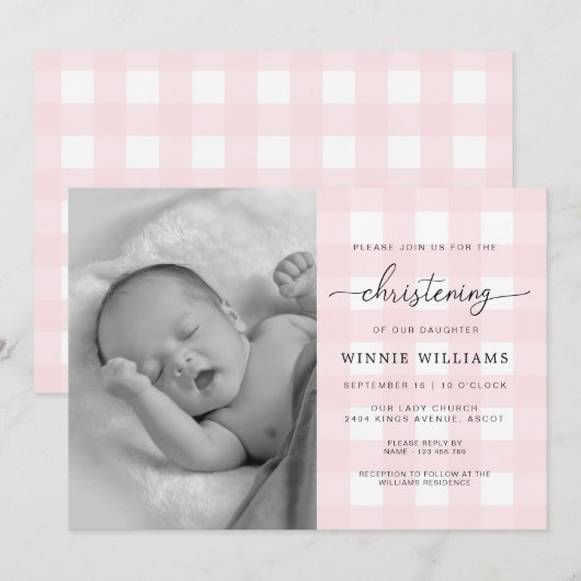 Pink En vichy Photo Christening Invitation (Devant / Derrière)