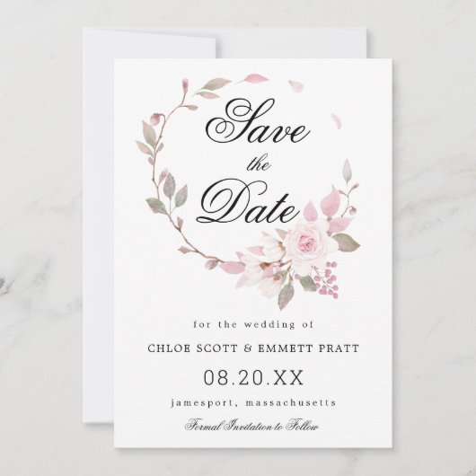 Pink en White Floral Wedding Save The Date (Voorkant)