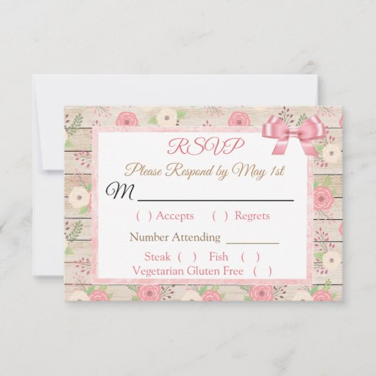 PInk et bronzer Rustic Wood Floral Wedding RSVP ca (Devant)