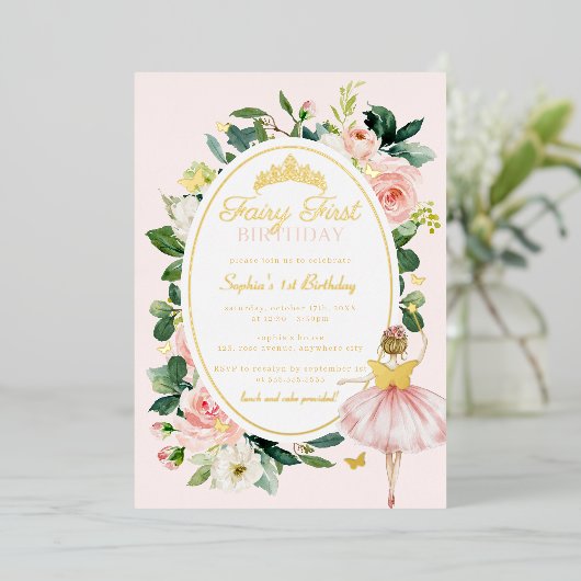 Pink Fairy Eerste 1e verjaardag Goud Folie Uitnodiging (Staand Voorkant)