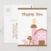 Pink farm animaux fille merci carte postale (Devant / Derrière)