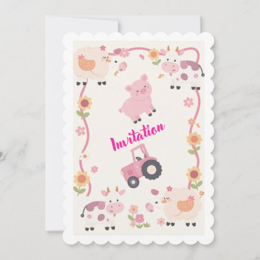 Pink Farm Birthday Invitation Template, Editable G (Devant)