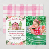 Pink Farm Photo 1er Anniversaire Invitation (Devant / Derrière)