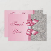 Pink Faux Bow & Diamonds Hartelijk dank Bedankkaart (Voorkant / Achterkant)