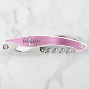 Pink Faux Brushed Metal Monogram Script Kurkentrekker