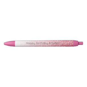 Pink Faux Glitter Glam Verjaardag Zwarte Inkt Pen