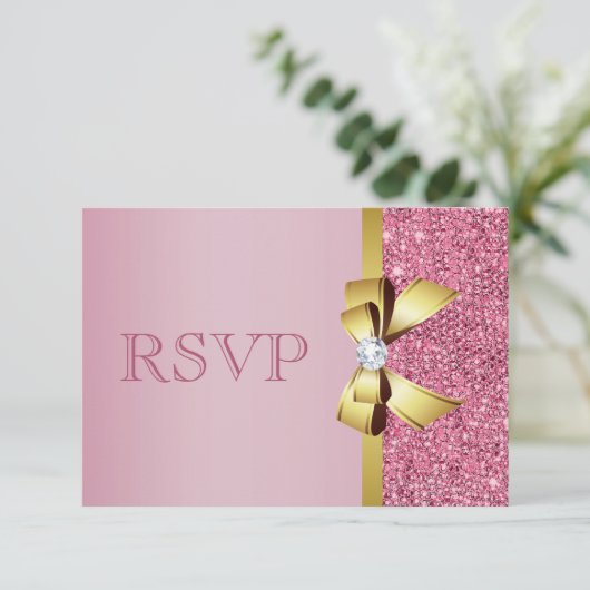 Pink Faux Sequins Gold Bow & Diamant RSVP (Debout devant)