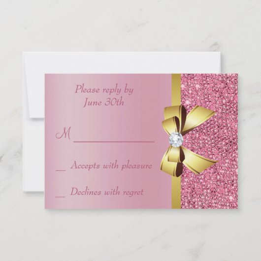 Pink Faux Sequins Gold Bow & Diamant RSVP (Dos)