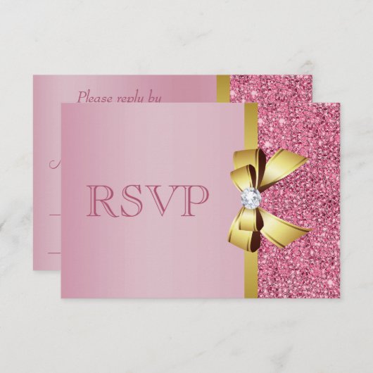 Pink Faux Sequins Gold Bow & Diamant RSVP (Devant / Derrière)