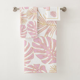 Pink, feuilles or et monogramme tropicaux