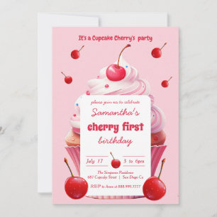 Pink First Cherry & Cupcake Birthday Party Kaart
