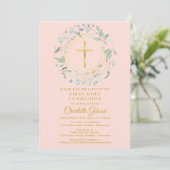 Pink First Heilige Communie Greenery Gold Cross Save The Date (Staand voorkant)