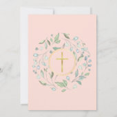 Pink First Heilige Communie Greenery Gold Cross Save The Date (Achterkant)