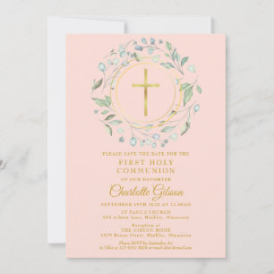 Pink First Heilige Communie Greenery Gold Cross Save The Date