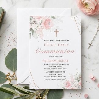 Pink First Holy Communion Invitation  Kaart