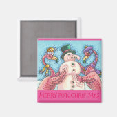 Pink Flamant rose Snowman CHRISTMAS MAGNET (Recto/Verso)