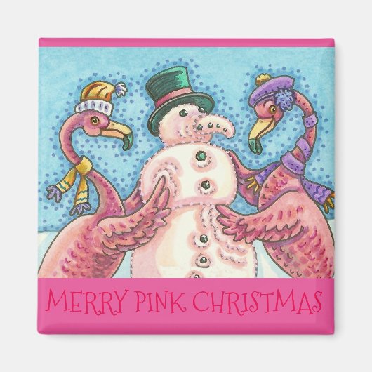 Pink Flamant rose Snowman CHRISTMAS MAGNET (Devant)