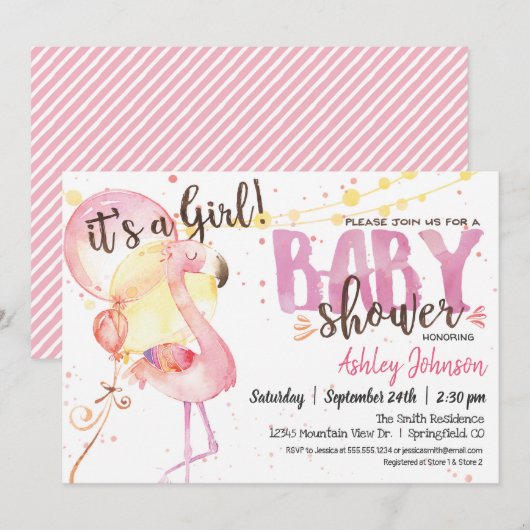 Pink Flamingo Baby shower uitnodiging (Voorkant / Achterkant)