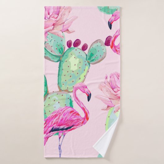 Pink flamingo, exotic birds, gentle flowers, rose, (Serviette de bain)