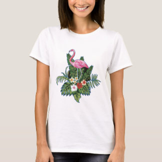 Pink flamingo, hand painted, green leaves, t-shirt