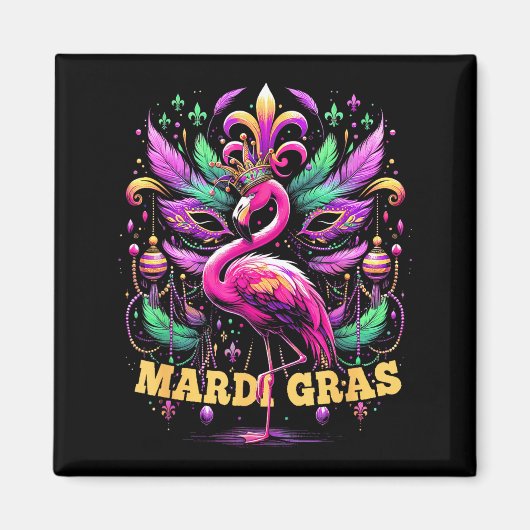 Pink Flamingo Mardi Gras Crown And Beads Mask Carn Magneet (Voorkant)