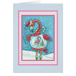 PINK FLAMINGO SNOWGLOBE, CHRISTMAS WENSKAART B