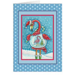 PINK FLAMINGO SNOWGLOBE, CHRISTMAS WENSKAART V