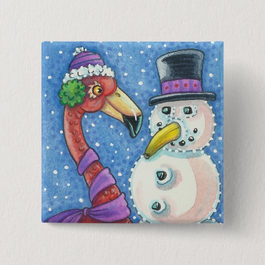 PINK FLAMINGO SNOWMAN CHRISTMAS BUTTON Square (Voorkant)