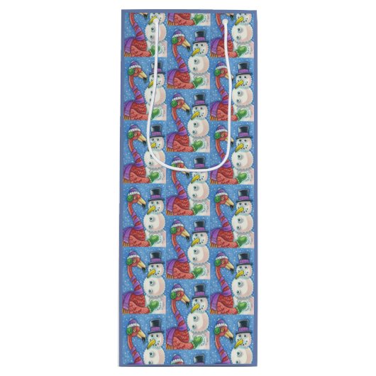 PINK FLAMINGO SNOWMAN CHRISTMAS GIFT BAG - WIJN WIJN CADEAUTAS (Voorkant)