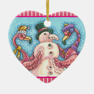 PINK FLAMINGO SNOWMAN, CHRISTMAS HOLIDAY ORNAMENT