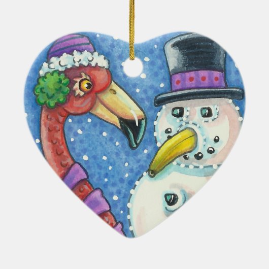PINK FLAMINGO SNOWMAN CHRISTMAS ORNAMENT Heart (Achterkant)