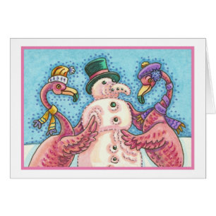 PINK FLAMINGO SNOWMAN, CHRISTMAS WENSKAART B