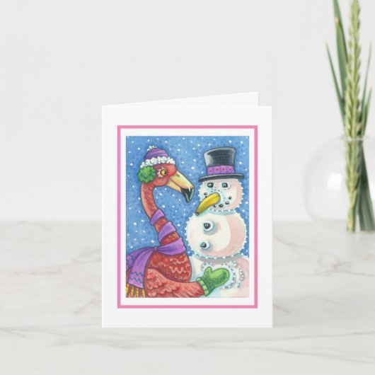 PINK FLAMINGO SNOWMAN HOLIDAY GREETCARD Blank Feestdagen Kaart (Voorkant)