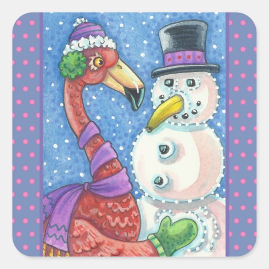 PINK FLAMINGO SNOWMAN, KERST STICKERS Square (Voorkant)