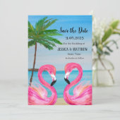 Pink Flamingo Tropical Beach Weddenschap Kaart (Staand voorkant)
