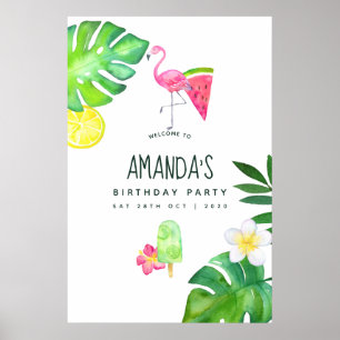 Pink Flamingo Tropical Waterverf Summer Birthday Poster