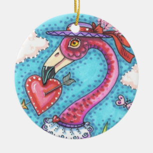 PINK FLAMINGO VALENTIJN HEARTS, LIVE BIRD WHIMSY KERAMISCH ORNAMENT