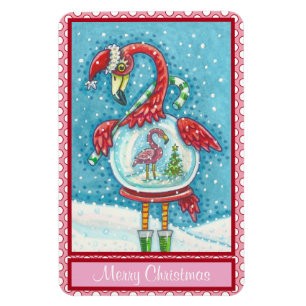 PINK FLAMINGO WHITE CHRISTMAS SNEE WERELDBOL MAGNE MAGNEET