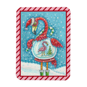 PINK FLAMINGO WHITE CHRISTMAS SNOWGLOBE MAGNET MAGNEET