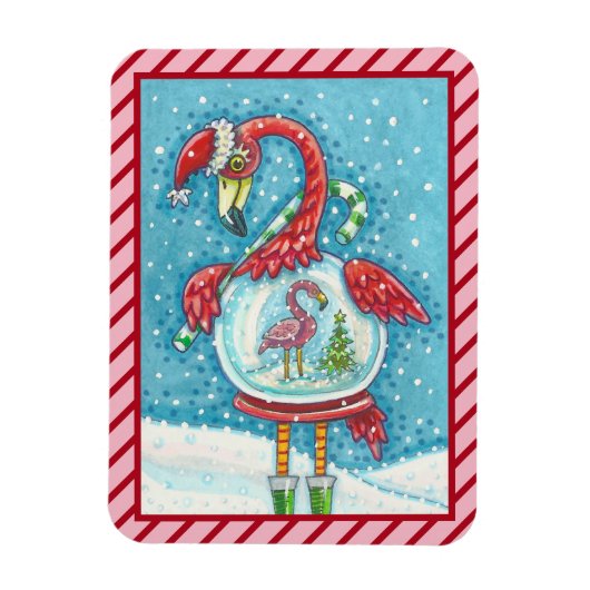 PINK FLAMINGO WHITE CHRISTMAS SNOWGLOBE MAGNET MAGNEET (Verticaal)