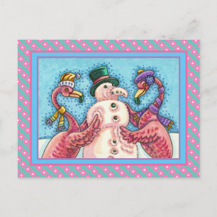 PINK FLAMINGOS MAKEN SNOWMAN, FUNNY CHRISTMAS BIRD BRIEFKAART