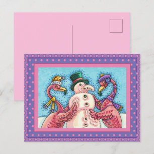 PINK FLAMINGOS MAKEN SNOWMAN, FUNNY CHRISTMAS BIRD FEESTDAGENKAART