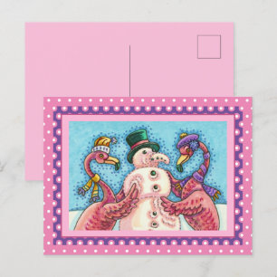PINK FLAMINGOS MAKEN SNOWMAN, FUNNY CHRISTMAS BIRD FEESTDAGENKAART